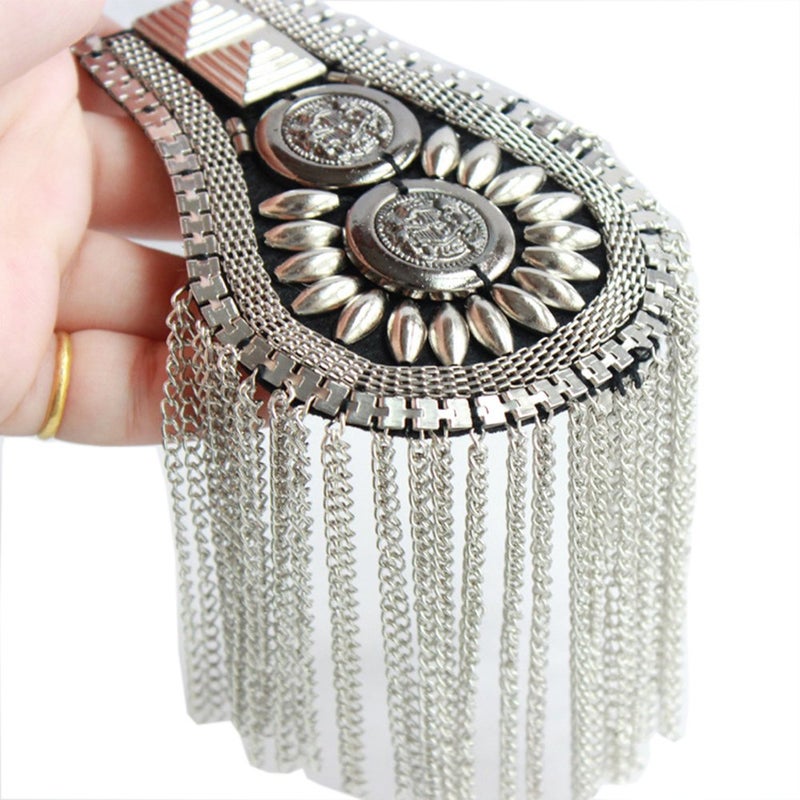 Zthread 1 Pair Blazer Epaulet/Kpop Fringed/Tassel Metal Punk Shoulder Epaulette/Dpikes Brooch for Men Women 3 Color Options (Silver) - Image 2